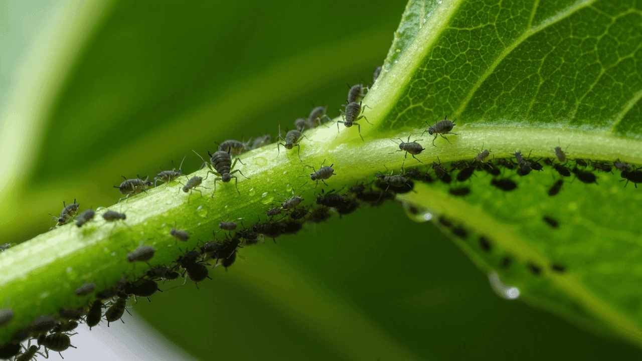 Tiny dark aphids clustered on the stem and leaf of a plant