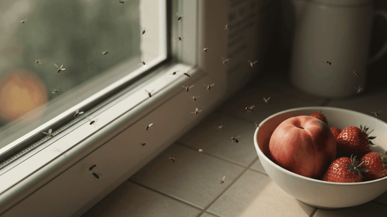 Tiny flying insects near a sunlit window and a bowl of fruit