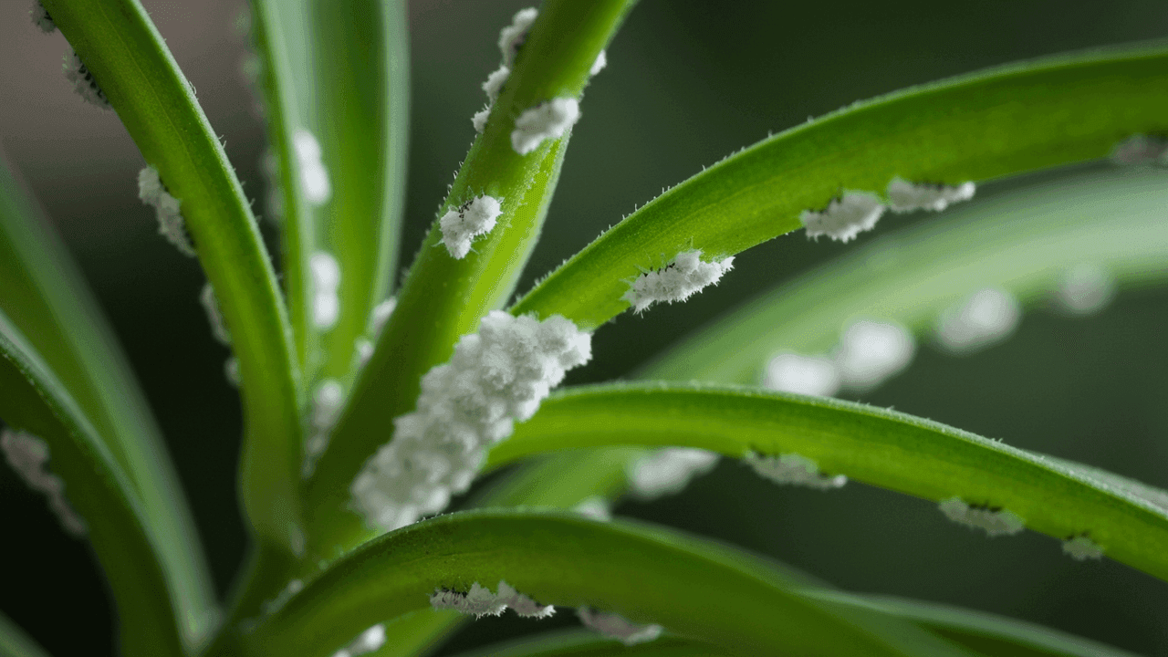 White cottony mealybug fuzz in the leaf joints of a houseplant